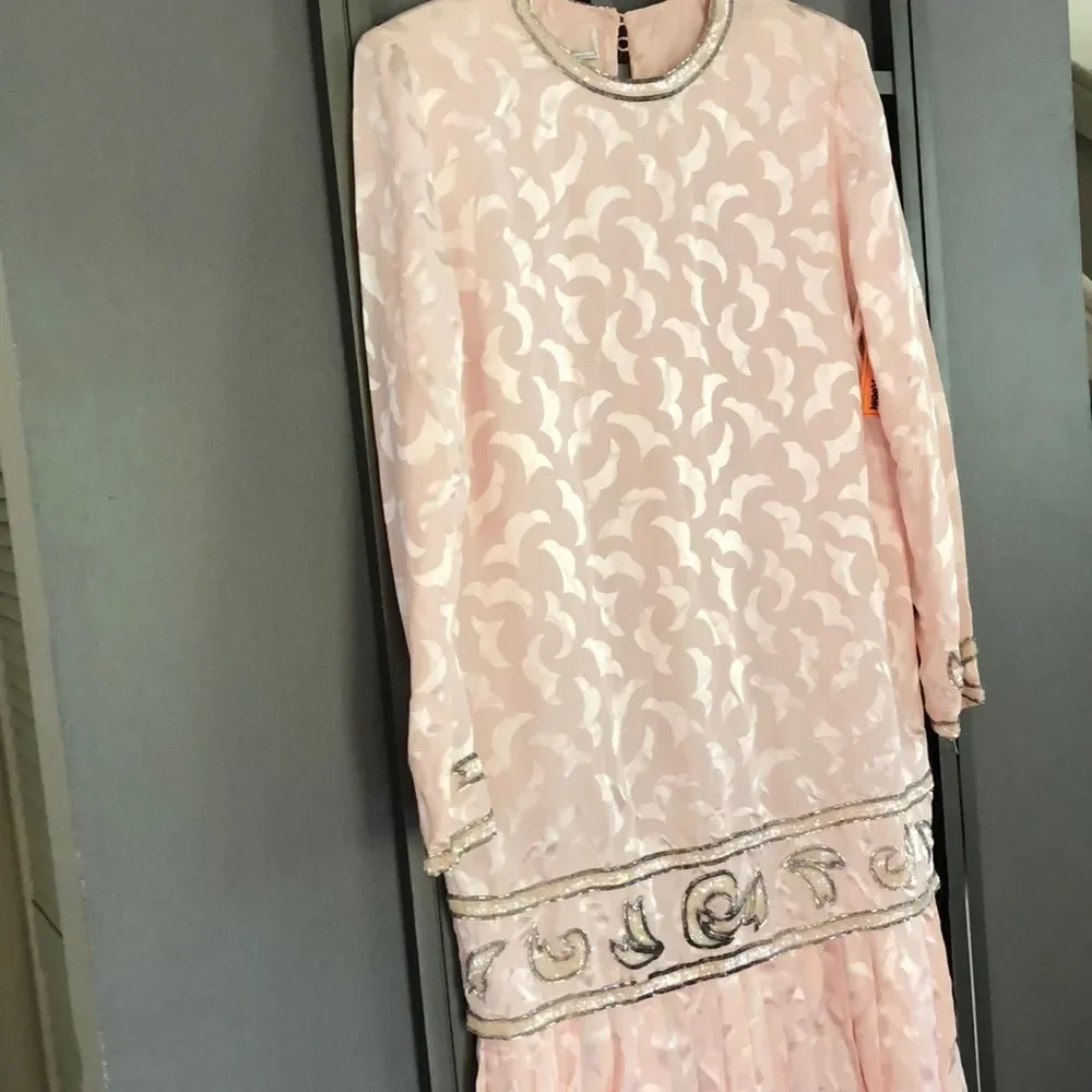 VINTAGE Deadstock Loehmann’s back room Pink silk beaded dress L - Picture 15 of 16